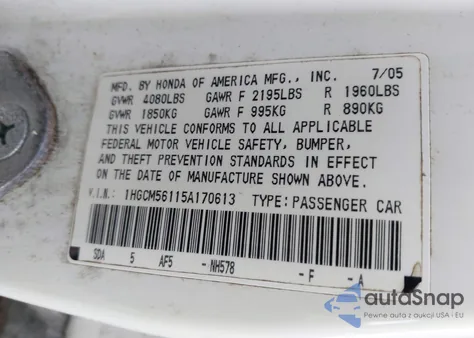 2005 Honda Accord 2.4 Dx/Dx Vp z USA, uszkodzony, nr VIN 1HGCM56115A170613